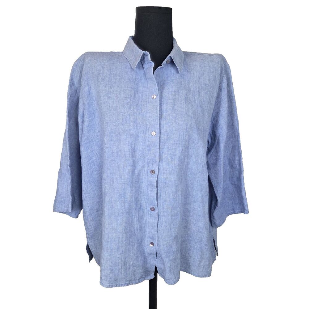 Eileen Fisher 100% Organic Linen Blue Button Down Top Size L Half Sleeve Boxy